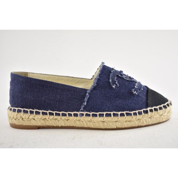 Chanel REV Blue Black Linen Canvas CC Logo Double Sole Espadrille Flat 37 RARE - Picture 2 of 14